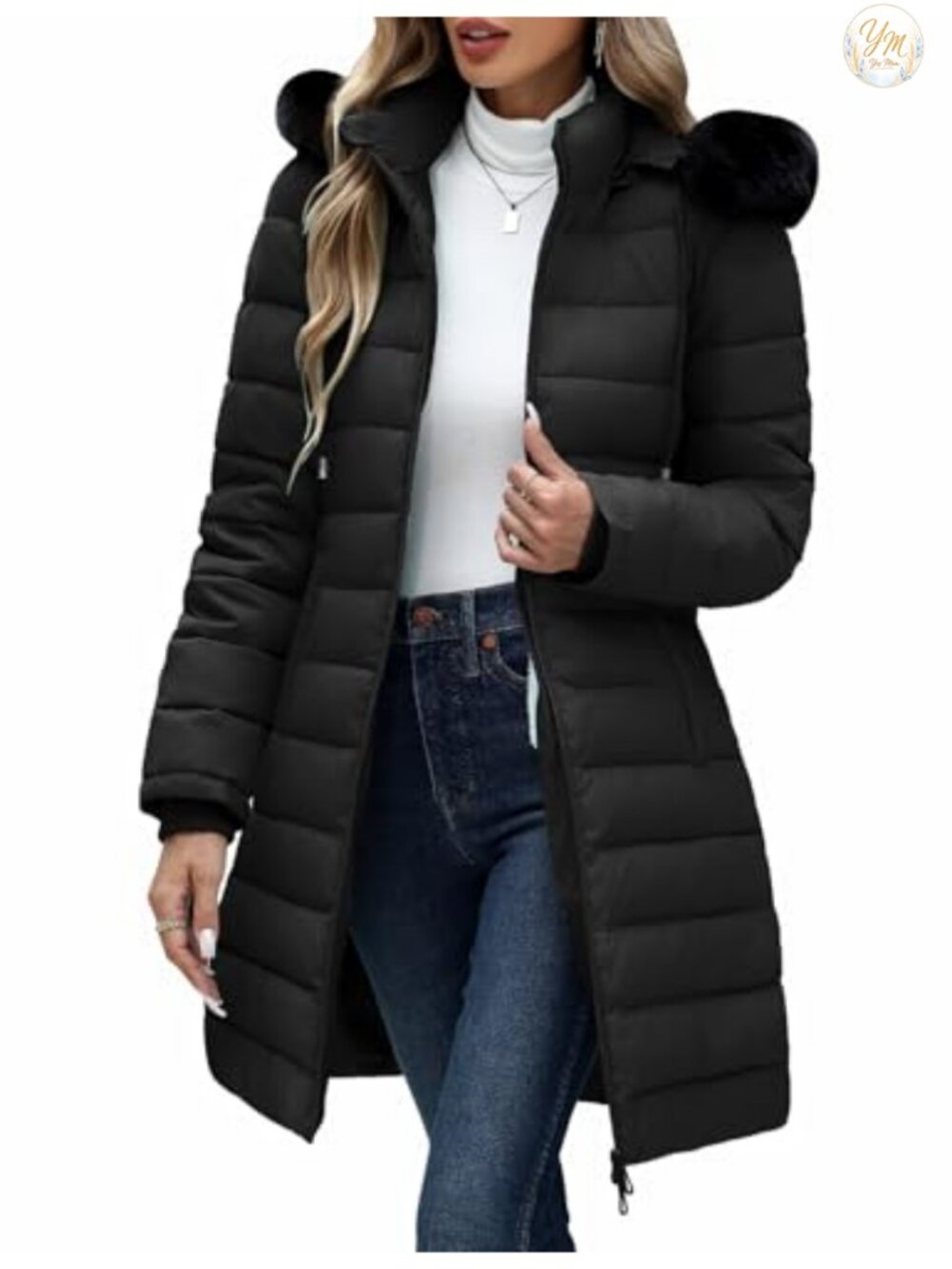 Fleece Lined Long Puffer Coat Faux Fur Hood Winter Parka Warm